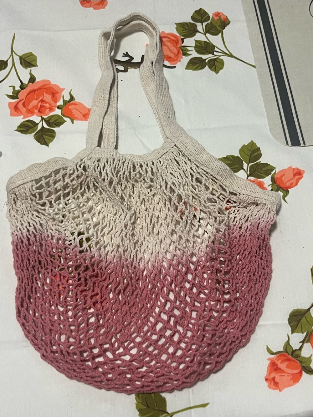 Crochet Boho Ombre Mesh Tote Bag Color Gradient Pink Cream